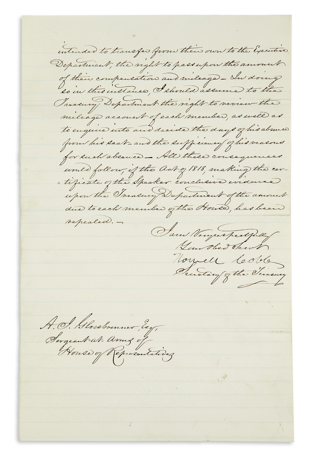 COBB, HOWELL. Letter Signed, as Secretary of the Treasury, to Sergeant at Arms of the House Adam John Glossbrenner,